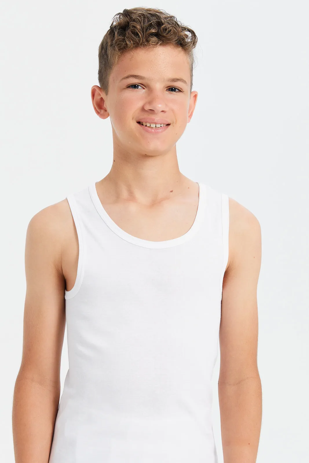 Senior Boys White Sleeveless Basic Vest Set (Pack of 2)