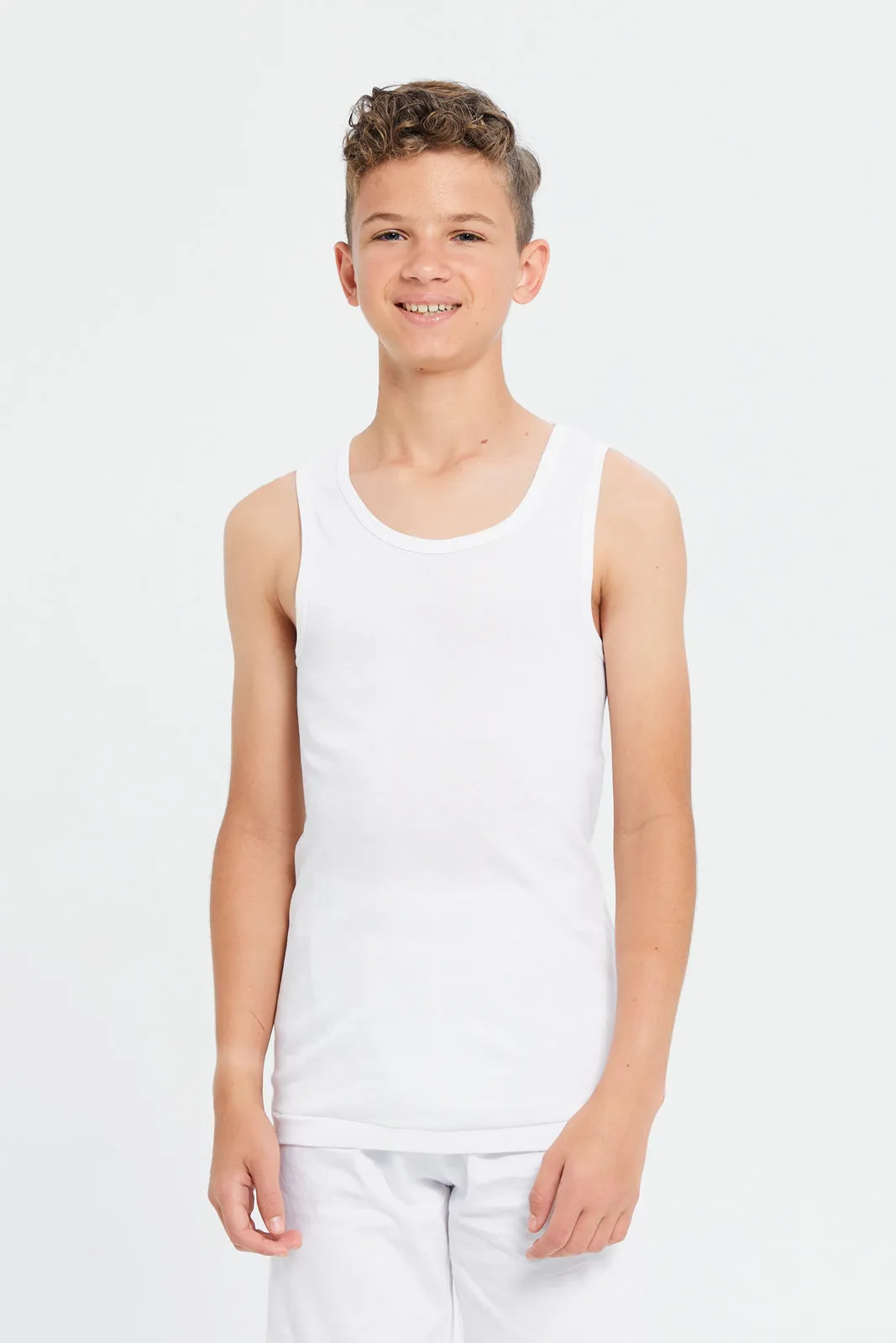 Senior Boys White Sleeveless Basic Vest Set (Pack of 2)