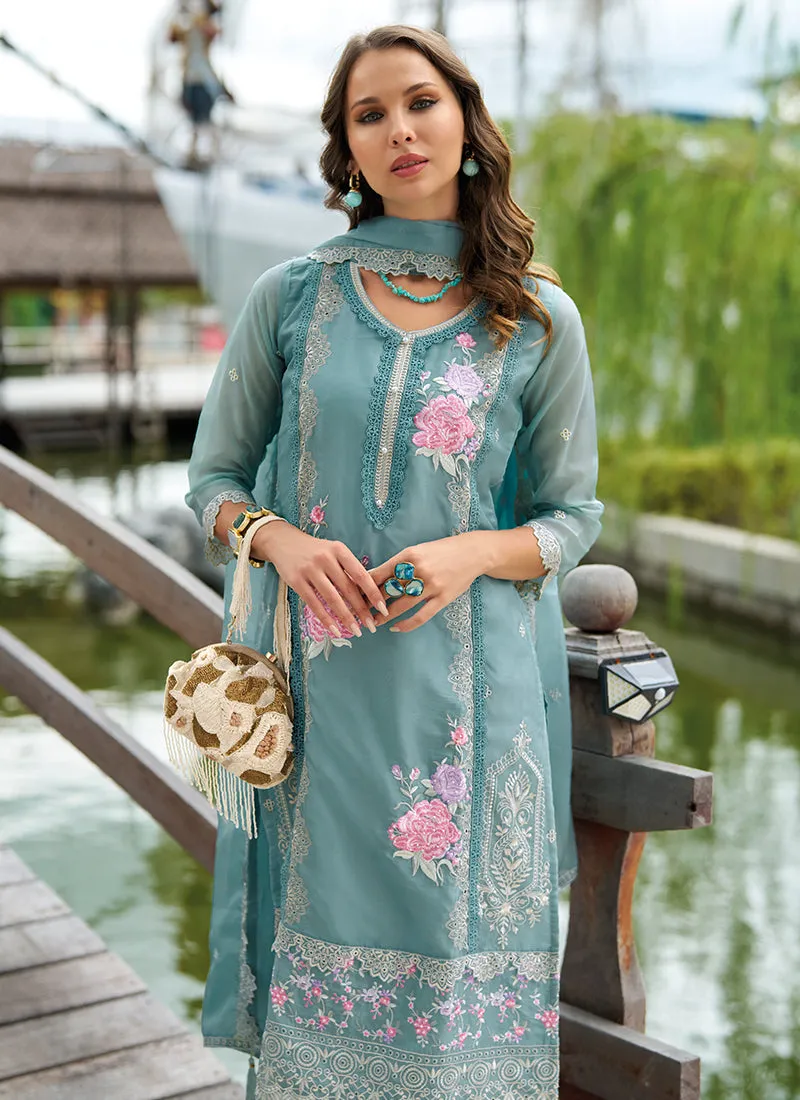 Teal Blue Chikankari Embroidery Festival Salwar Kameez Suit