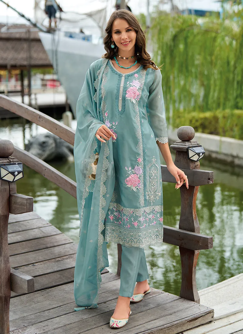 Teal Blue Chikankari Embroidery Festival Salwar Kameez Suit