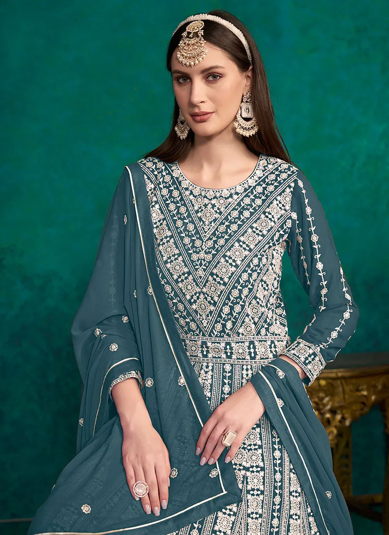 Turquoise Lucknowi Embroidery Kalidar Anarkali Suit