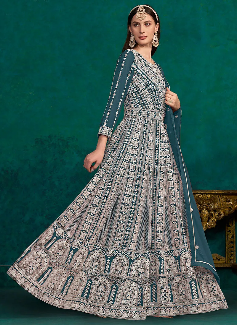 Turquoise Lucknowi Embroidery Kalidar Anarkali Suit