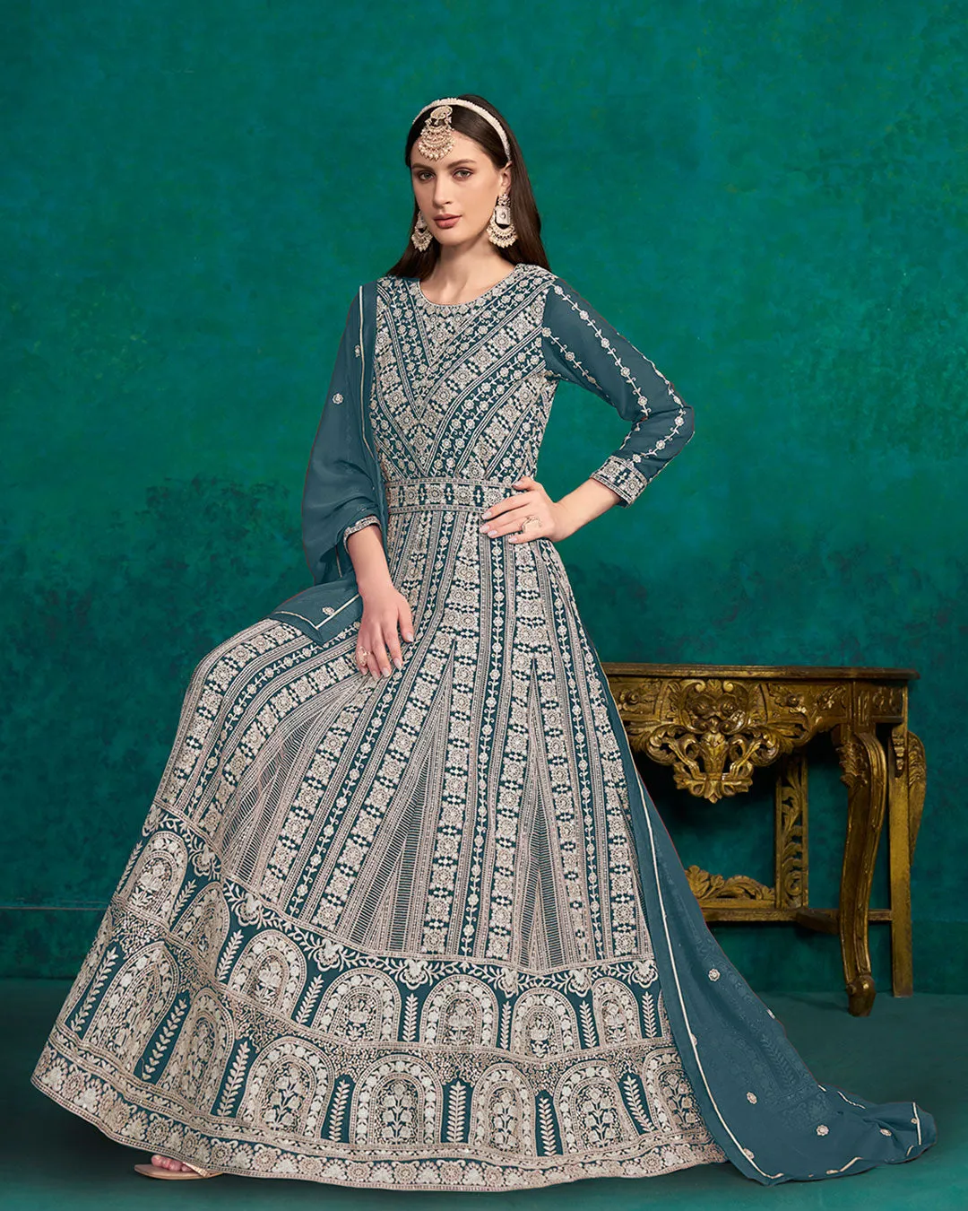 Turquoise Lucknowi Embroidery Kalidar Anarkali Suit