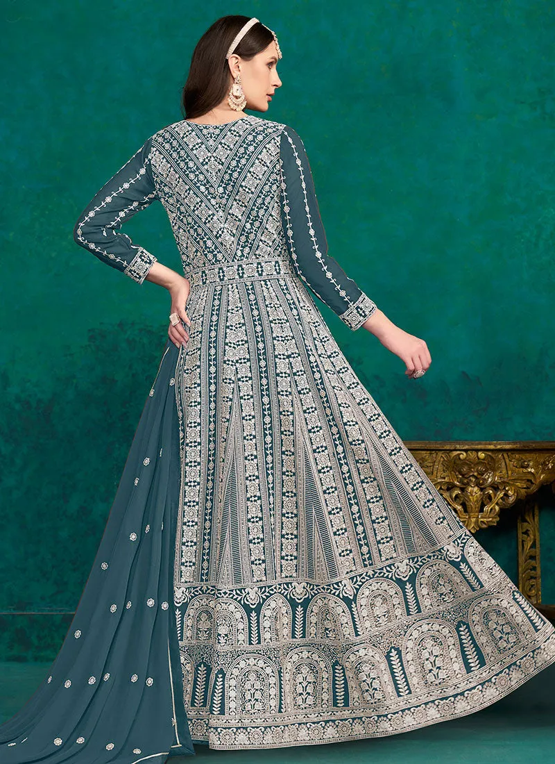 Turquoise Lucknowi Embroidery Kalidar Anarkali Suit