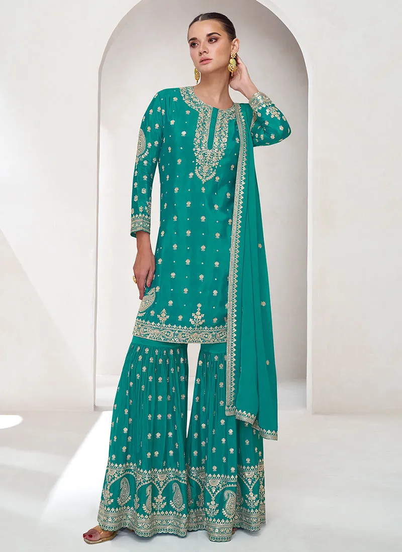 Turquoise Sequence Embroidery Gharara Style Suit