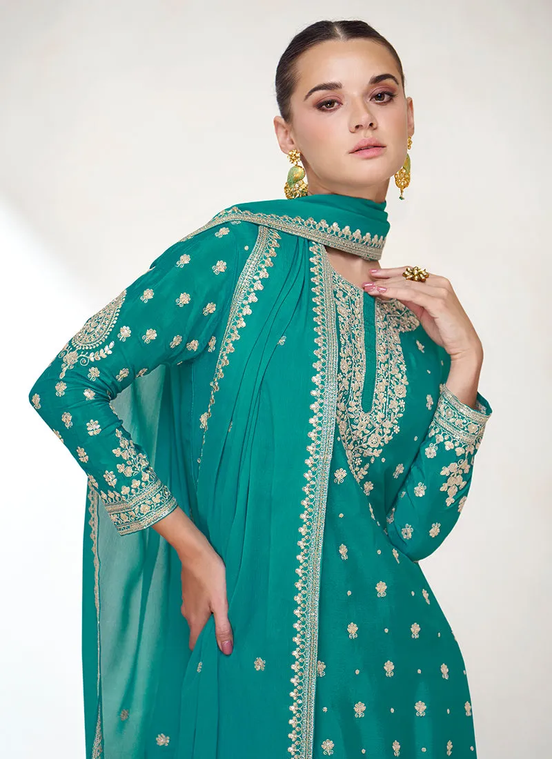 Turquoise Sequence Embroidery Gharara Style Suit