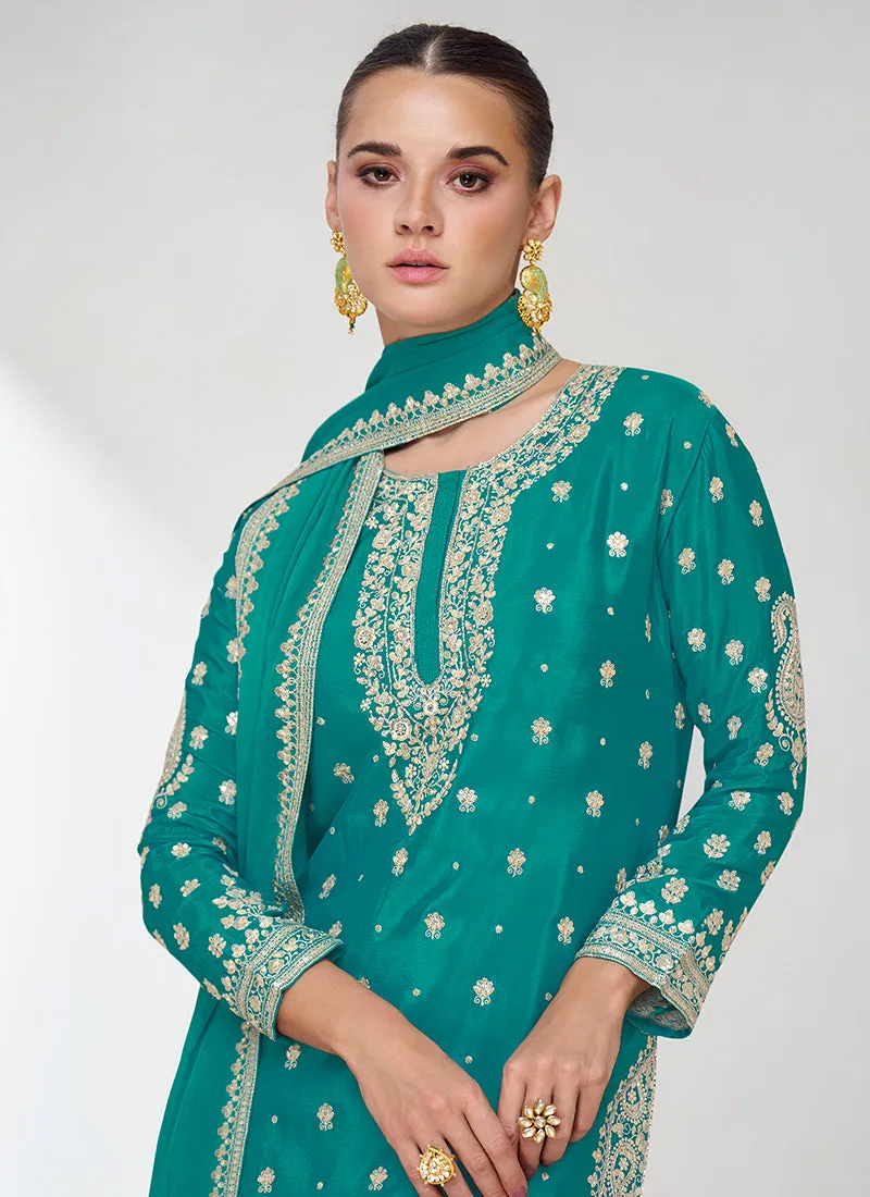 Turquoise Sequence Embroidery Gharara Style Suit