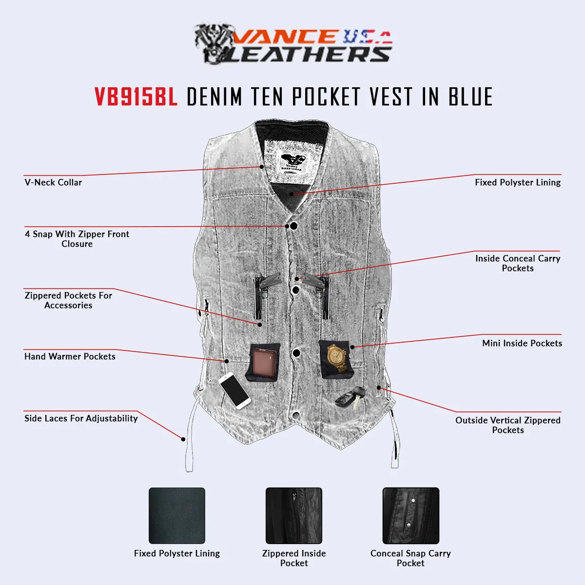 VB915BK & VB915BL Denim Ten Pocket Vest in Black or Blue