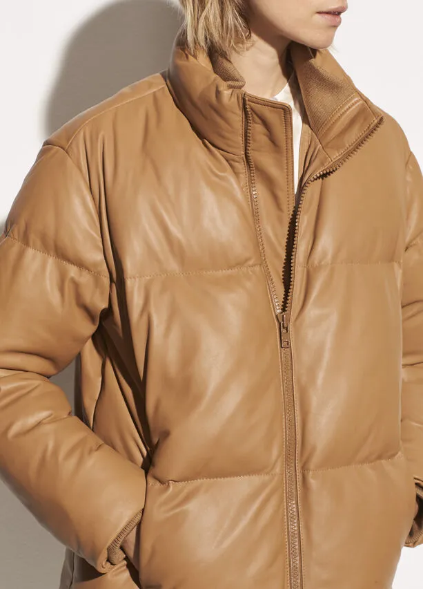 Vince - Leather Puffer Jacket in Dark Camel