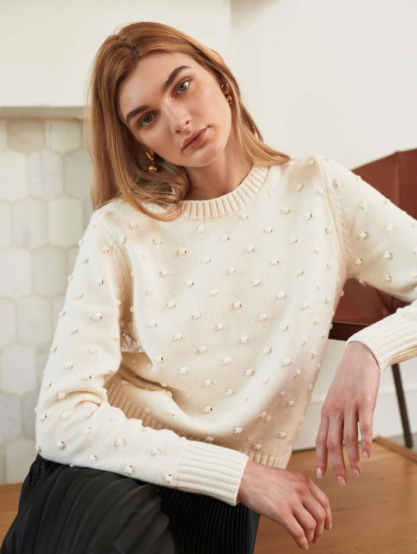 White   Warren - Sustainable Cotton Bobble Stitch Sweater in White