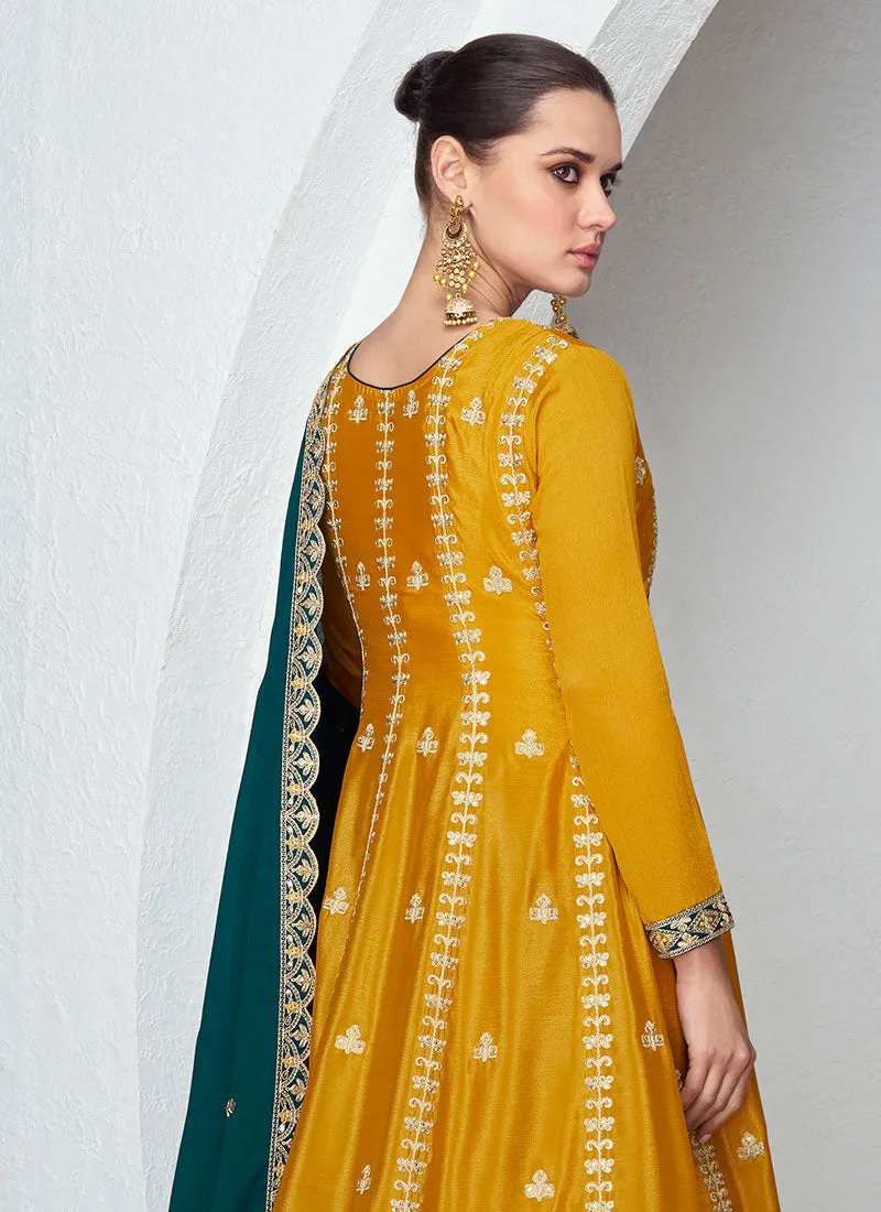 Yellow And Green Embroidered Wedding Palazzo Suit