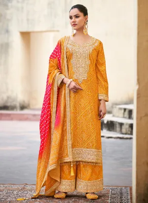 Yellow And Red Mirror Embroidery Bandhani Palazzo Suit