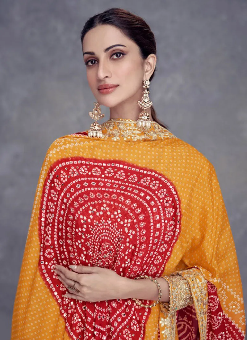 Yellow And Red Mirror Embroidery Bandhani Prited Palazzo Suit