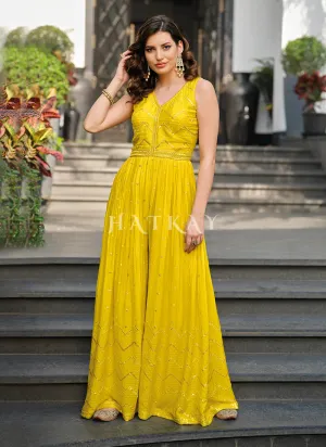 Yellow Traditional Embroidered Flared Jumpsuit